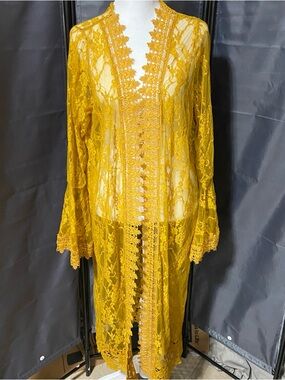 RUE21 Mustard Yellow Sheer Floral embroidered Lace Open Front Duster Cardigan XL